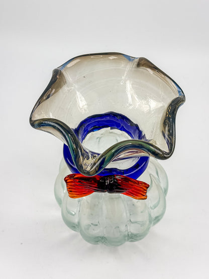 Vintage Hand-Blown Art Glass Vase with Ruffled Rim, Cobalt Blue Collar and Applied Red Glass Bow, 7" Tall