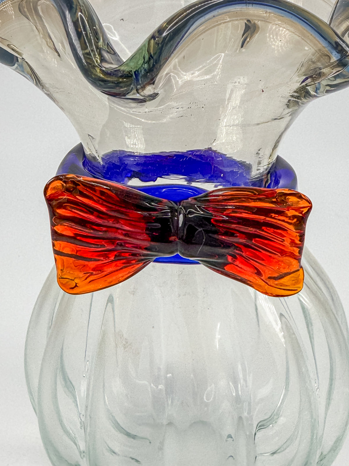 Vintage Hand-Blown Art Glass Vase with Ruffled Rim, Cobalt Blue Collar and Applied Red Glass Bow, 7" Tall