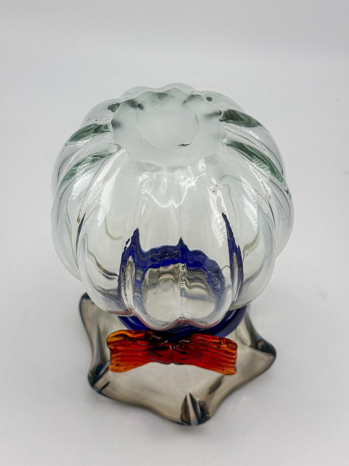 Vintage Hand-Blown Art Glass Vase with Ruffled Rim, Cobalt Blue Collar and Applied Red Glass Bow, 7" Tall