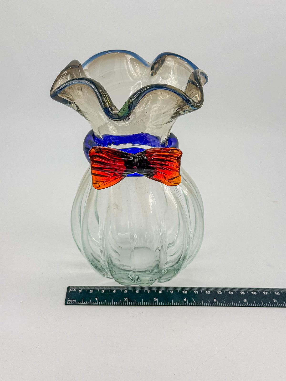 Vintage Hand-Blown Art Glass Vase with Ruffled Rim, Cobalt Blue Collar and Applied Red Glass Bow, 7" Tall