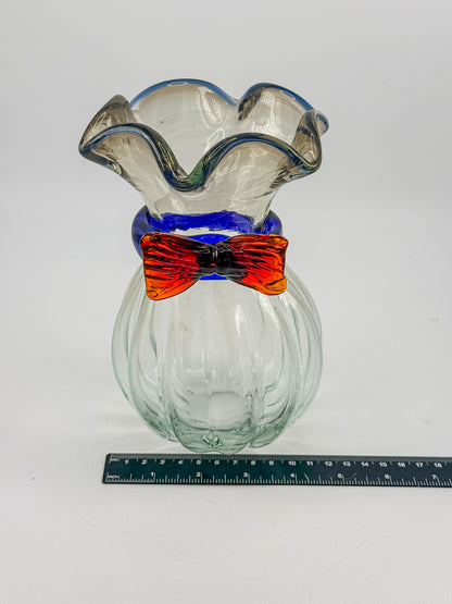 Vintage Hand-Blown Art Glass Vase with Ruffled Rim, Cobalt Blue Collar and Applied Red Glass Bow, 7" Tall
