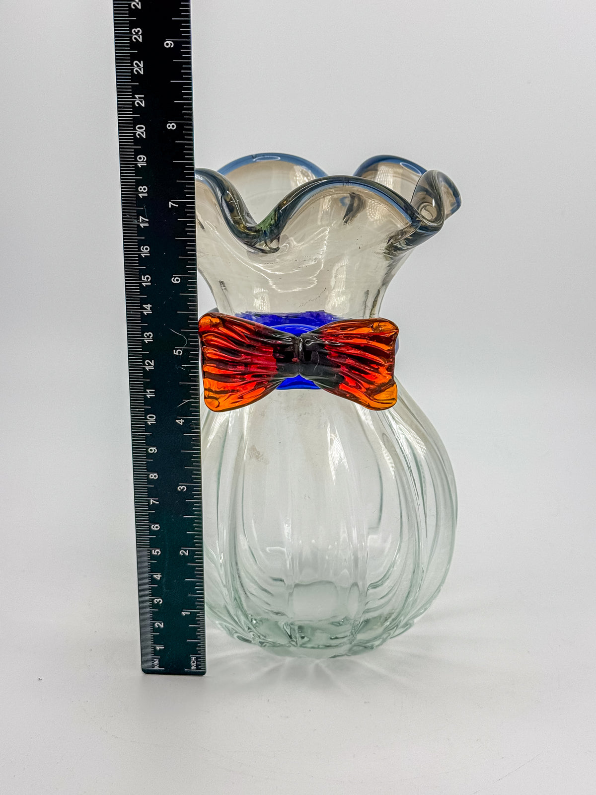 Vintage Hand-Blown Art Glass Vase with Ruffled Rim, Cobalt Blue Collar and Applied Red Glass Bow, 7" Tall
