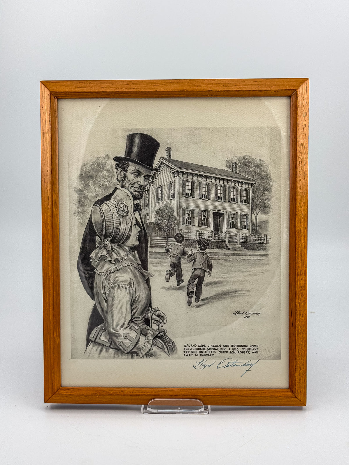 Signed Lloyd Ostendorf Lincoln Print in Oak Frame, 1988 — Mr. and Mrs. Lincoln Returning from Church