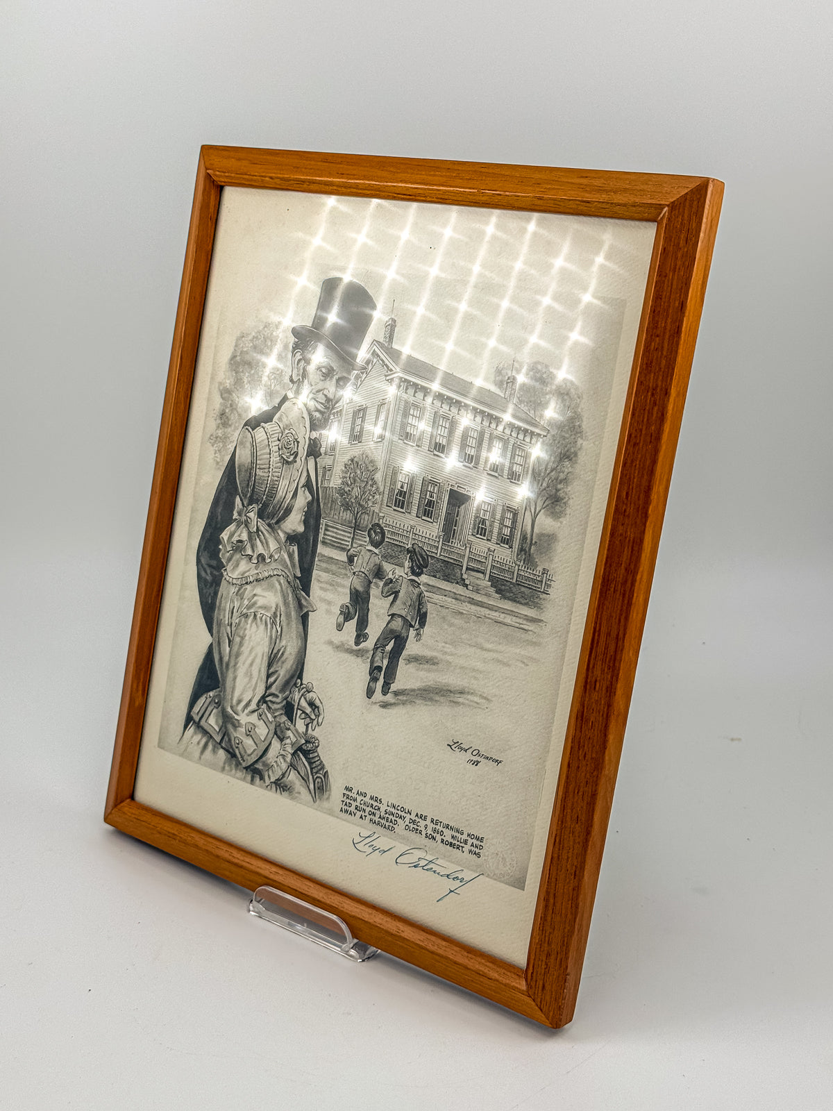 Signed Lloyd Ostendorf Lincoln Print in Oak Frame, 1988 — Mr. and Mrs. Lincoln Returning from Church