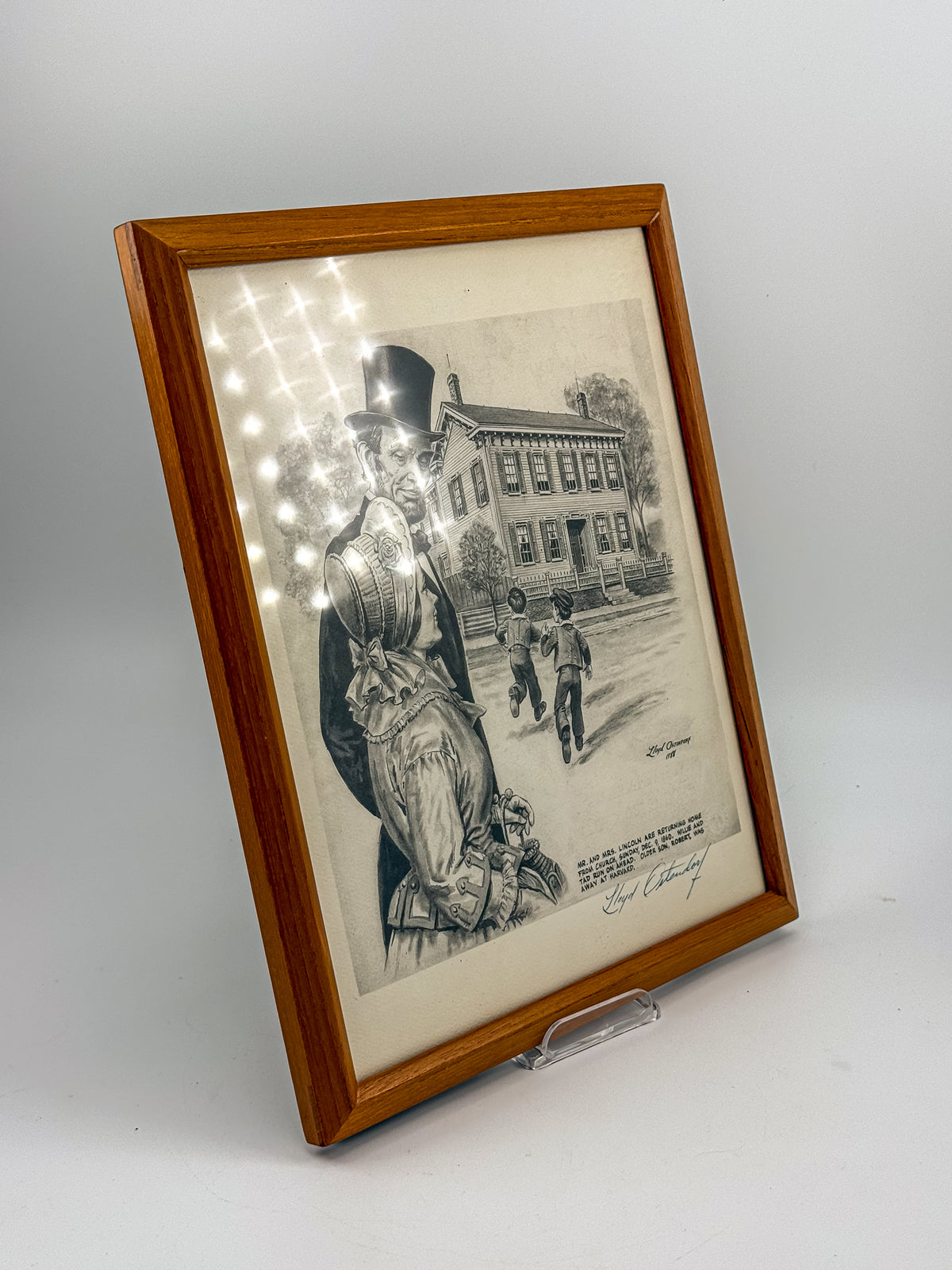Signed Lloyd Ostendorf Lincoln Print in Oak Frame, 1988 — Mr. and Mrs. Lincoln Returning from Church