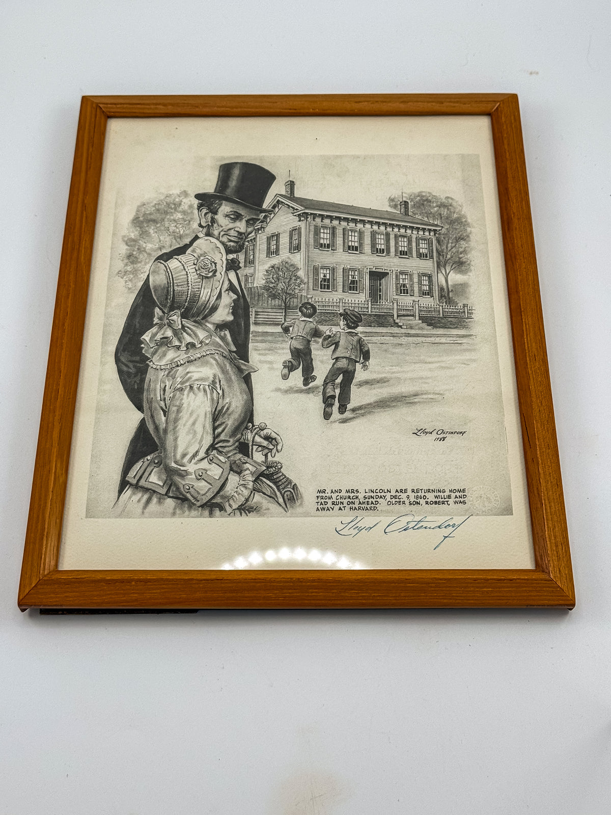 Signed Lloyd Ostendorf Lincoln Print in Oak Frame, 1988 — Mr. and Mrs. Lincoln Returning from Church