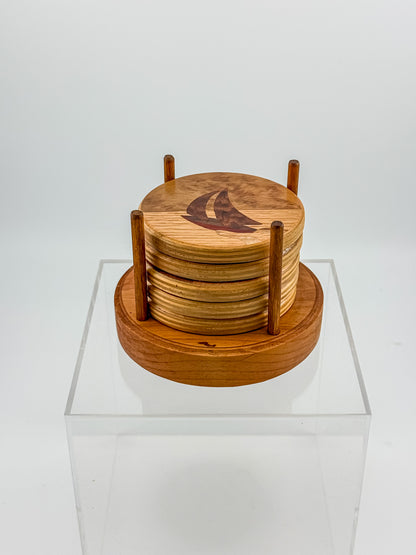 Vintage Wood Marquetry Nautical Coaster Set with Spindle Caddy, Mixed Hardwood Inlay, Mid-Century