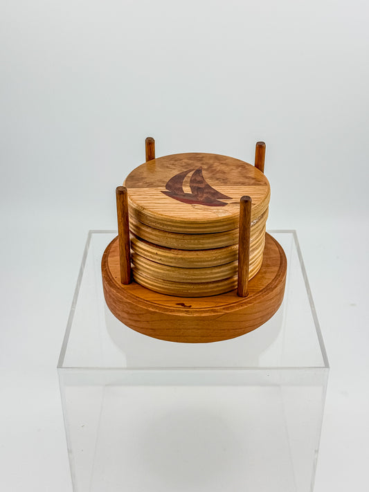 Vintage Wood Marquetry Nautical Coaster Set with Spindle Caddy, Mixed Hardwood Inlay, Mid-Century
