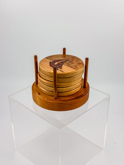 Vintage Wood Marquetry Nautical Coaster Set with Spindle Caddy, Mixed Hardwood Inlay, Mid-Century