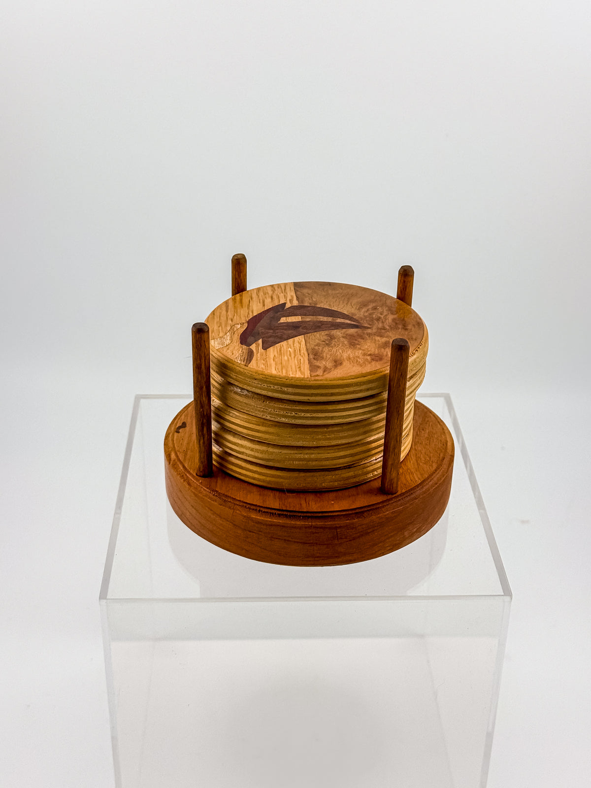 Vintage Wood Marquetry Nautical Coaster Set with Spindle Caddy, Mixed Hardwood Inlay, Mid-Century