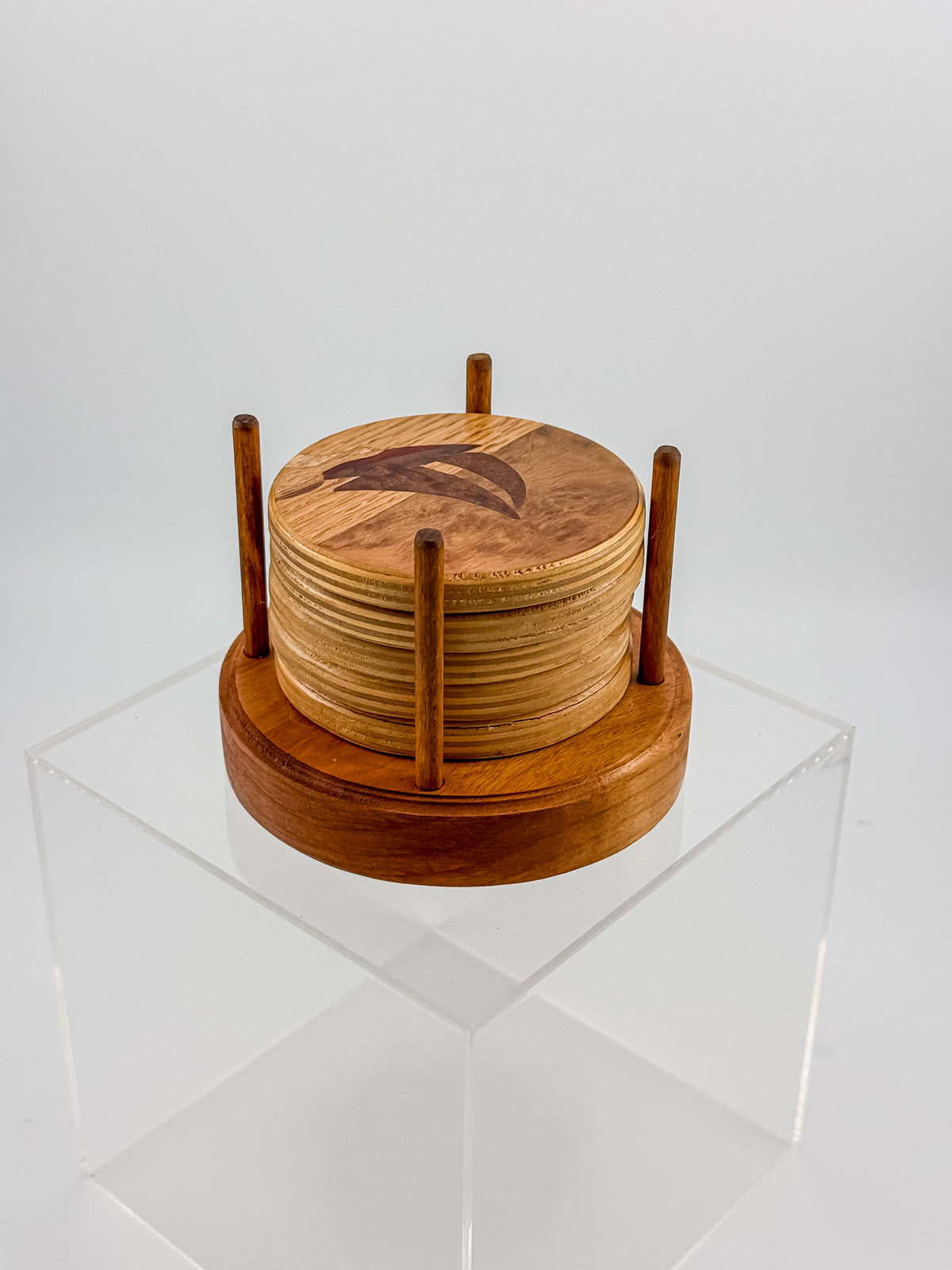 Vintage Wood Marquetry Nautical Coaster Set with Spindle Caddy, Mixed Hardwood Inlay, Mid-Century