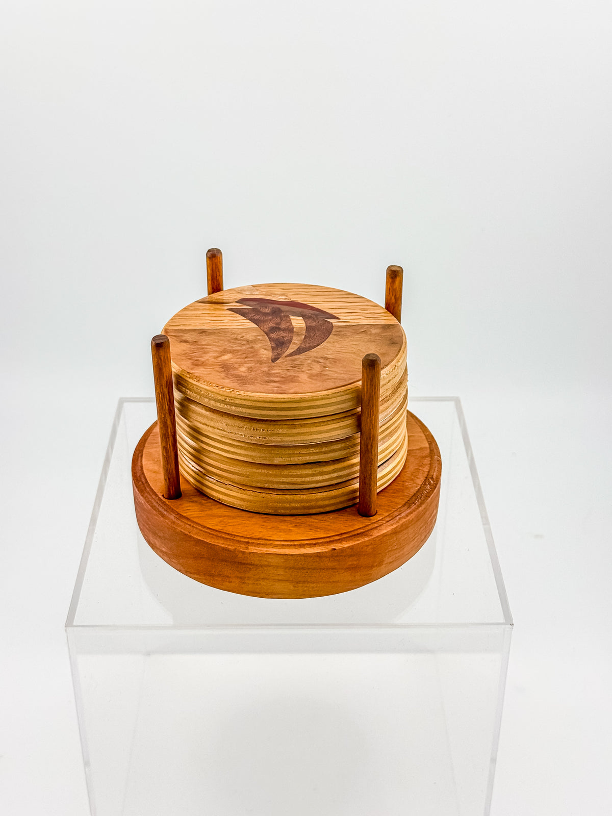 Vintage Wood Marquetry Nautical Coaster Set with Spindle Caddy, Mixed Hardwood Inlay, Mid-Century