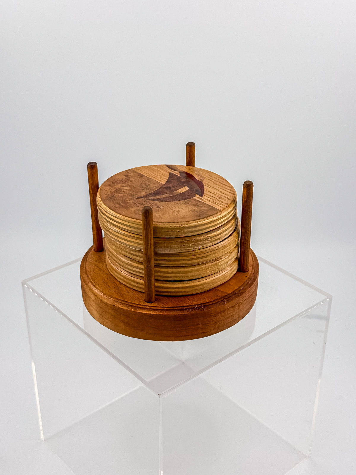 Vintage Wood Marquetry Nautical Coaster Set with Spindle Caddy, Mixed Hardwood Inlay, Mid-Century