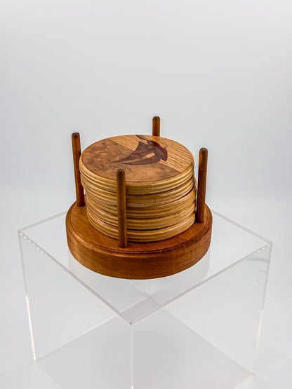 Vintage Wood Marquetry Nautical Coaster Set with Spindle Caddy, Mixed Hardwood Inlay, Mid-Century