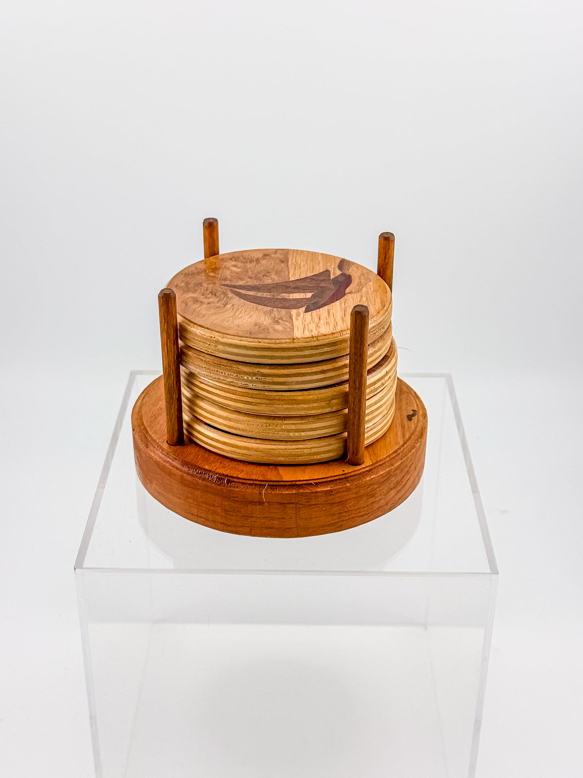 Vintage Wood Marquetry Nautical Coaster Set with Spindle Caddy, Mixed Hardwood Inlay, Mid-Century