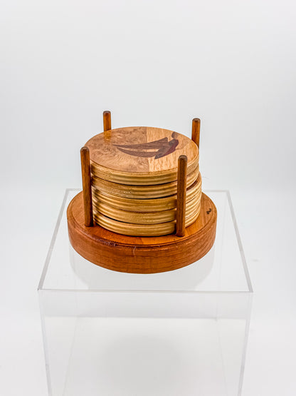 Vintage Wood Marquetry Nautical Coaster Set with Spindle Caddy, Mixed Hardwood Inlay, Mid-Century