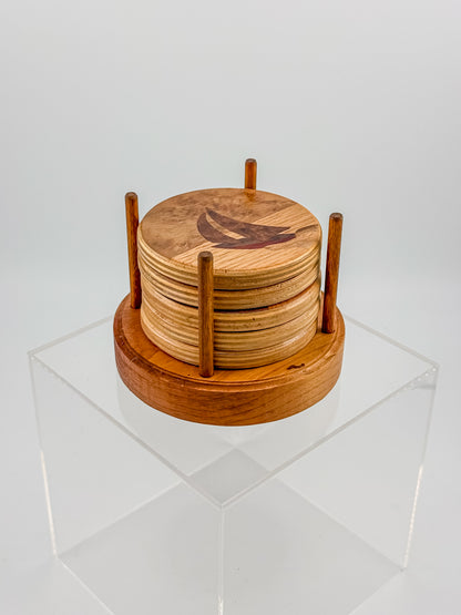 Vintage Wood Marquetry Nautical Coaster Set with Spindle Caddy, Mixed Hardwood Inlay, Mid-Century