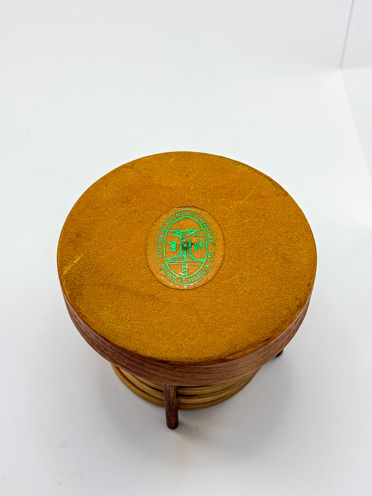 Vintage Wood Marquetry Nautical Coaster Set with Spindle Caddy, Mixed Hardwood Inlay, Mid-Century