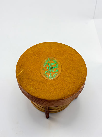 Vintage Wood Marquetry Nautical Coaster Set with Spindle Caddy, Mixed Hardwood Inlay, Mid-Century
