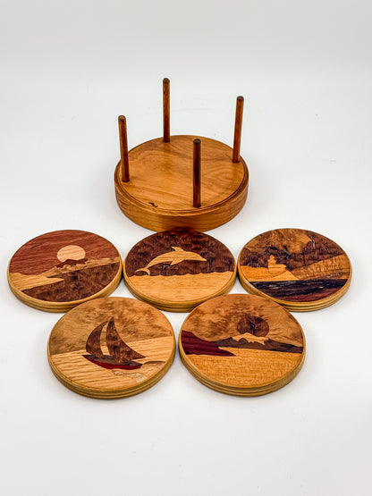 Vintage Wood Marquetry Nautical Coaster Set with Spindle Caddy, Mixed Hardwood Inlay, Mid-Century