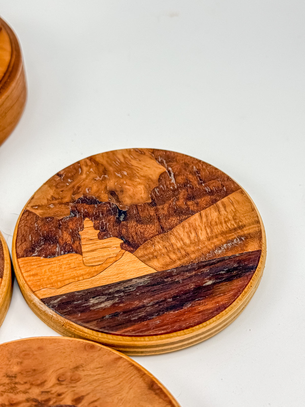 Vintage Wood Marquetry Nautical Coaster Set with Spindle Caddy, Mixed Hardwood Inlay, Mid-Century