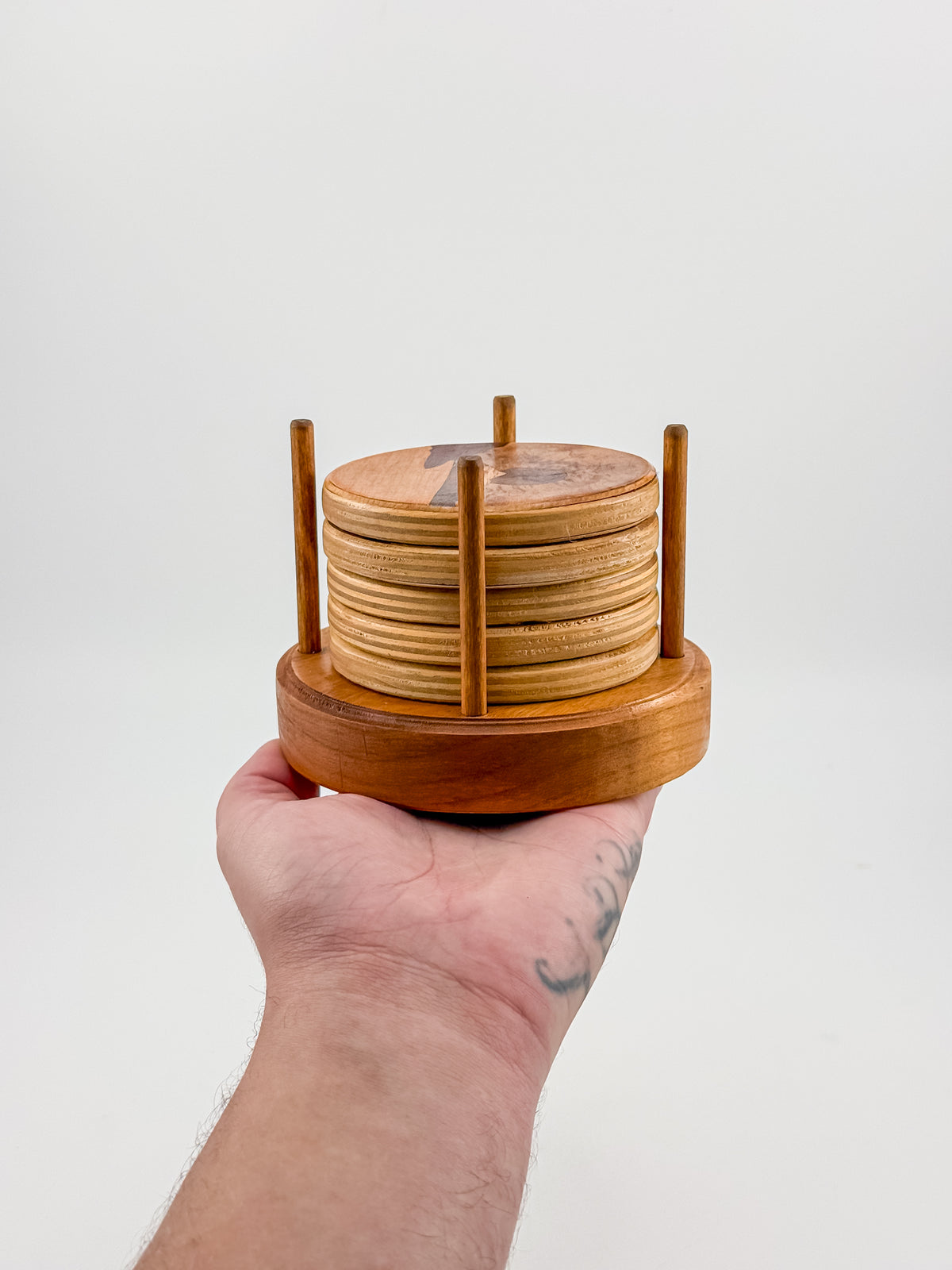 Vintage Wood Marquetry Nautical Coaster Set with Spindle Caddy, Mixed Hardwood Inlay, Mid-Century