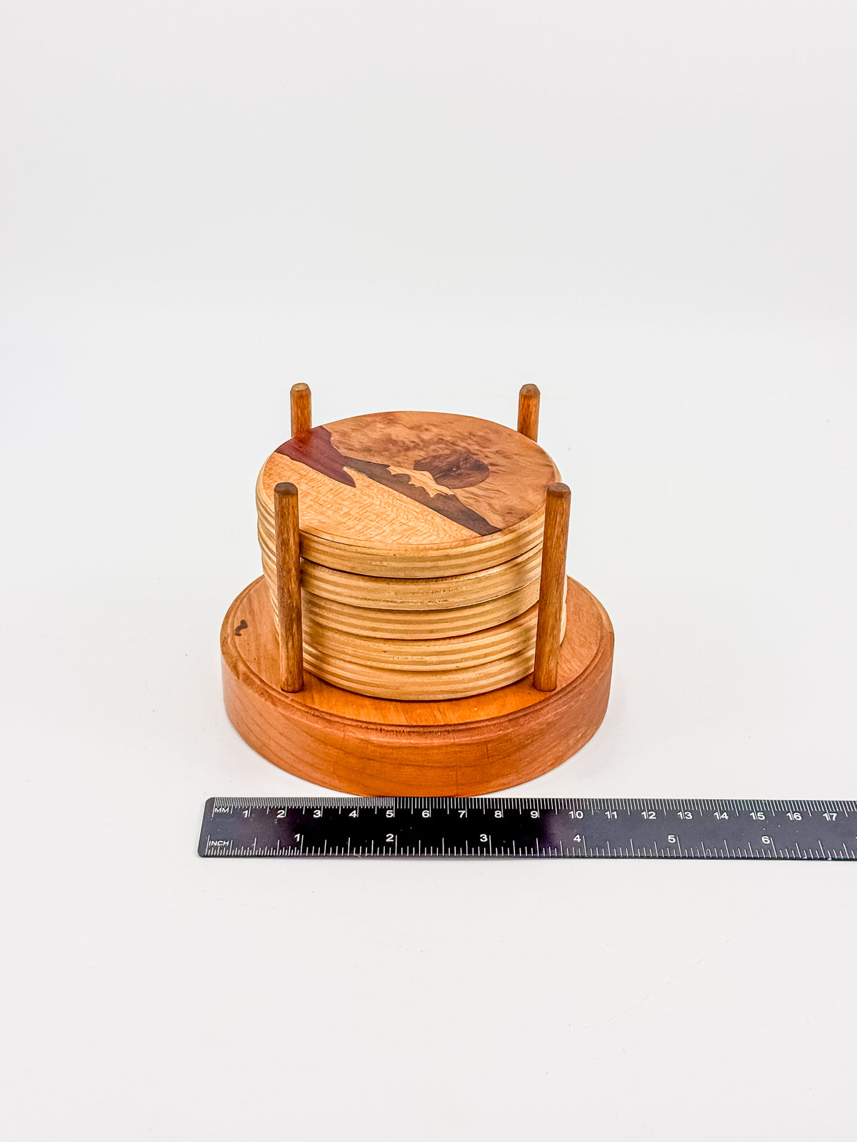 Vintage Wood Marquetry Nautical Coaster Set with Spindle Caddy, Mixed Hardwood Inlay, Mid-Century