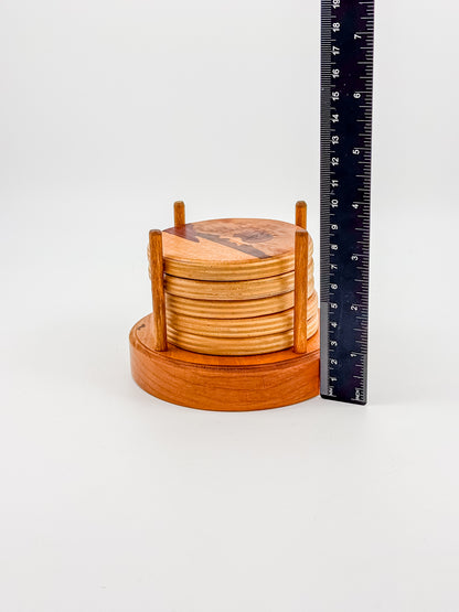 Vintage Wood Marquetry Nautical Coaster Set with Spindle Caddy, Mixed Hardwood Inlay, Mid-Century