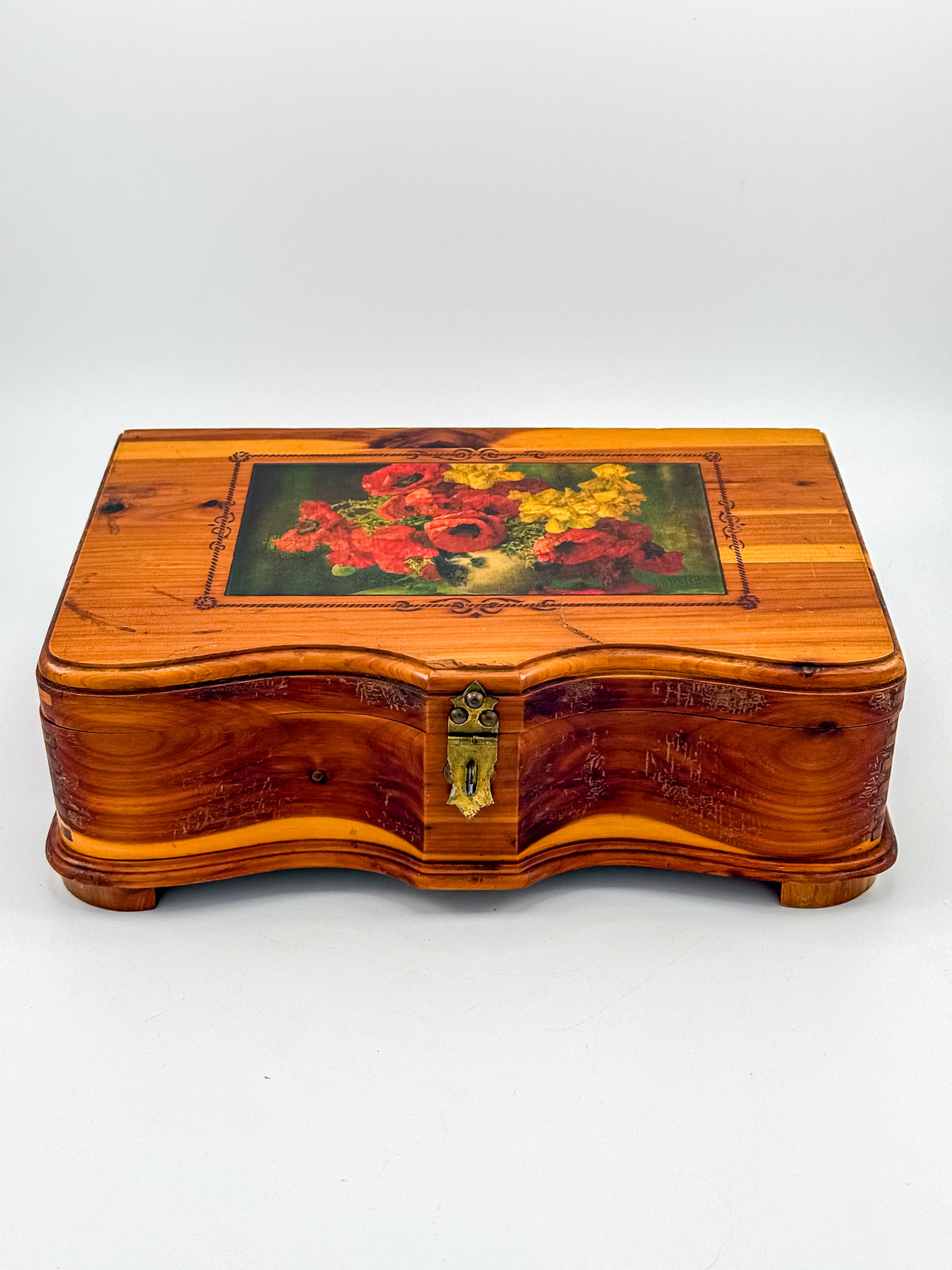 Vintage Cedar Jewelry Box with Floral Decoupage Lid, Serpentine Bombe Silhouette, Dovetail Joinery