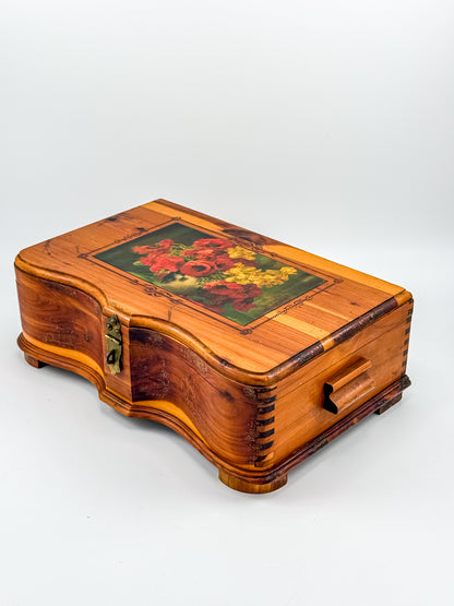 Vintage Cedar Jewelry Box with Floral Decoupage Lid, Serpentine Bombe Silhouette, Dovetail Joinery