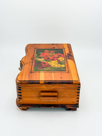 Vintage Cedar Jewelry Box with Floral Decoupage Lid, Serpentine Bombe Silhouette, Dovetail Joinery