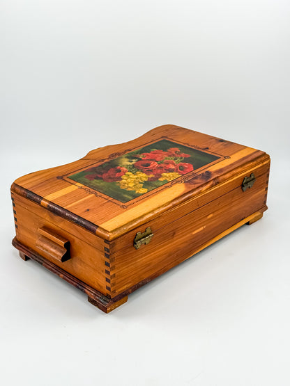 Vintage Cedar Jewelry Box with Floral Decoupage Lid, Serpentine Bombe Silhouette, Dovetail Joinery