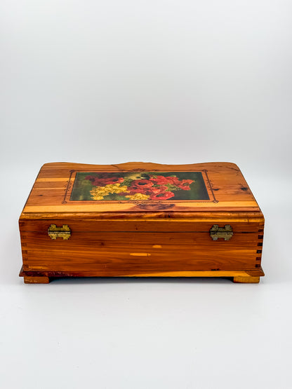 Vintage Cedar Jewelry Box with Floral Decoupage Lid, Serpentine Bombe Silhouette, Dovetail Joinery