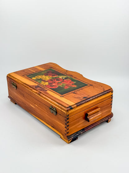 Vintage Cedar Jewelry Box with Floral Decoupage Lid, Serpentine Bombe Silhouette, Dovetail Joinery