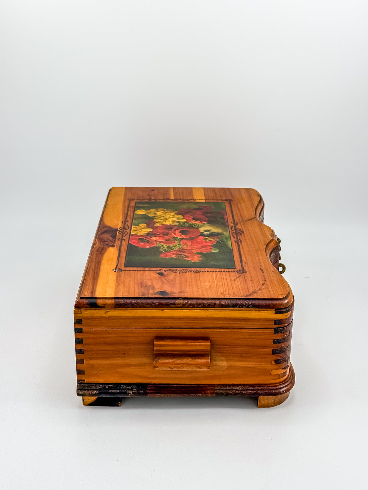 Vintage Cedar Jewelry Box with Floral Decoupage Lid, Serpentine Bombe Silhouette, Dovetail Joinery