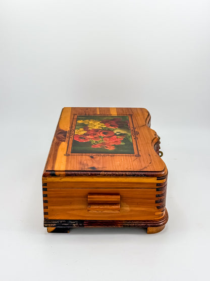 Vintage Cedar Jewelry Box with Floral Decoupage Lid, Serpentine Bombe Silhouette, Dovetail Joinery