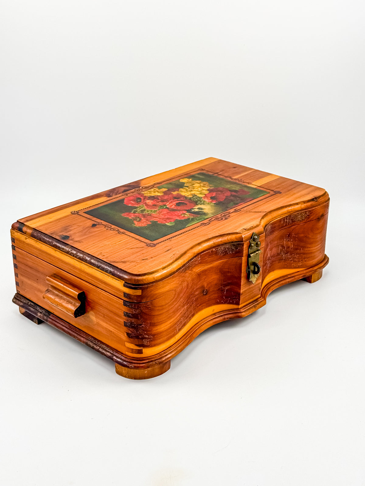 Vintage Cedar Jewelry Box with Floral Decoupage Lid, Serpentine Bombe Silhouette, Dovetail Joinery