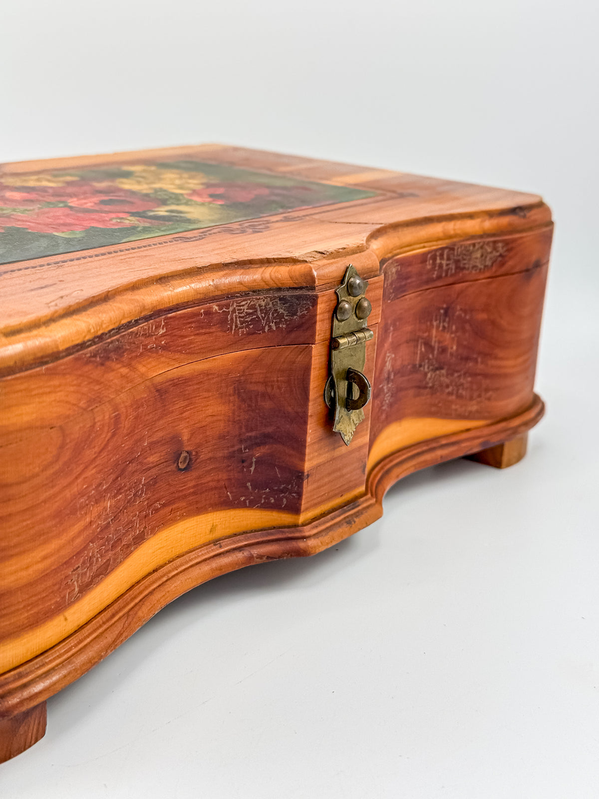 Vintage Cedar Jewelry Box with Floral Decoupage Lid, Serpentine Bombe Silhouette, Dovetail Joinery