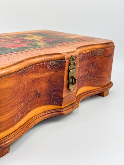 Vintage Cedar Jewelry Box with Floral Decoupage Lid, Serpentine Bombe Silhouette, Dovetail Joinery