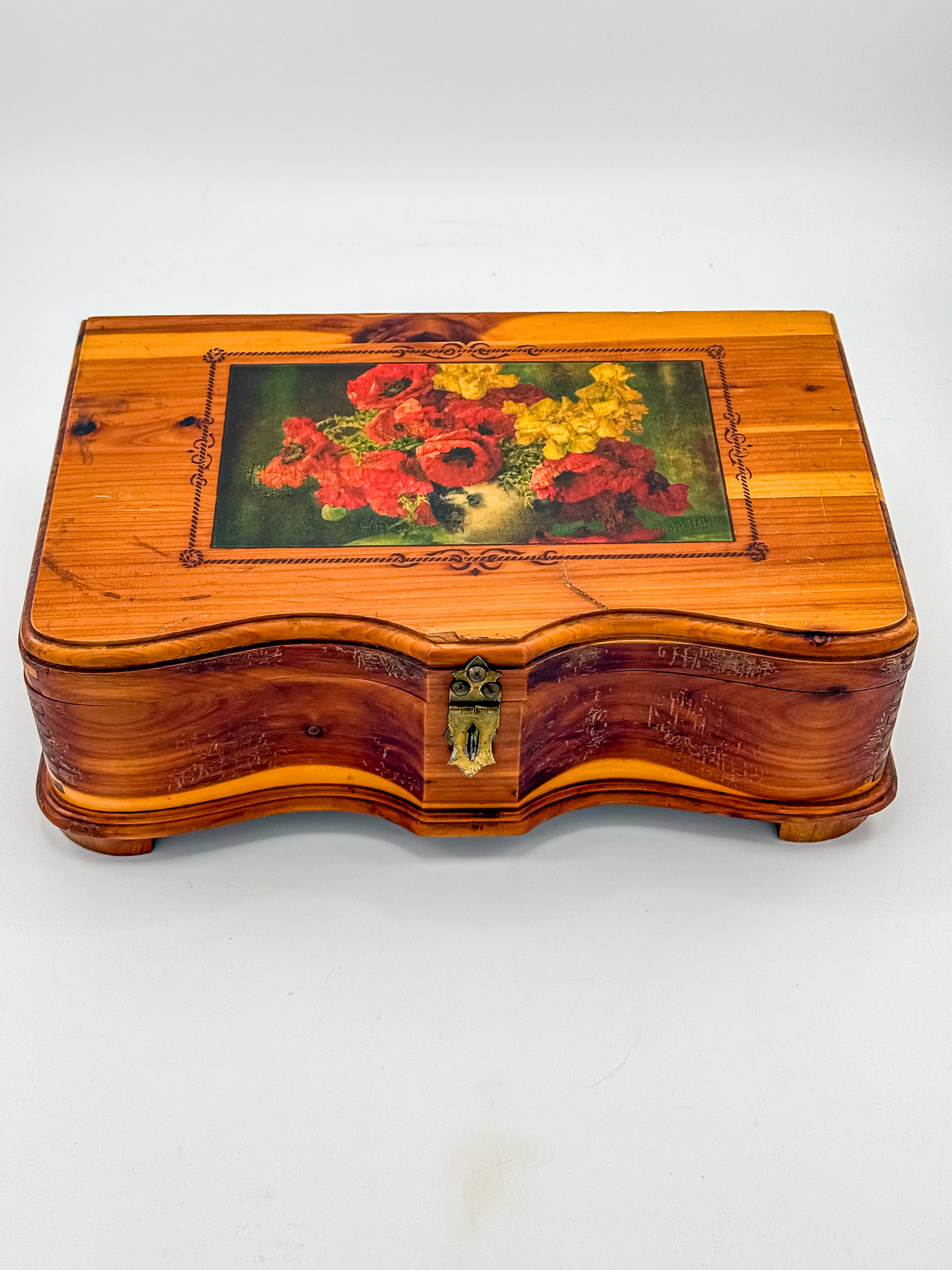 Vintage Cedar Jewelry Box with Floral Decoupage Lid, Serpentine Bombe Silhouette, Dovetail Joinery