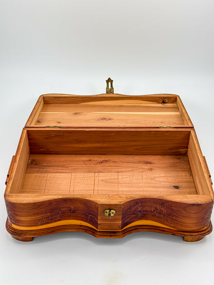 Vintage Cedar Jewelry Box with Floral Decoupage Lid, Serpentine Bombe Silhouette, Dovetail Joinery
