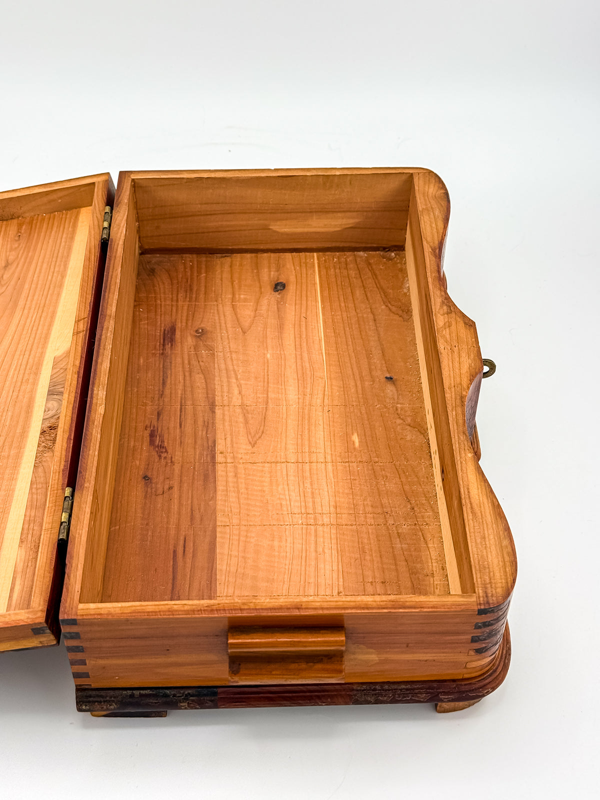Vintage Cedar Jewelry Box with Floral Decoupage Lid, Serpentine Bombe Silhouette, Dovetail Joinery