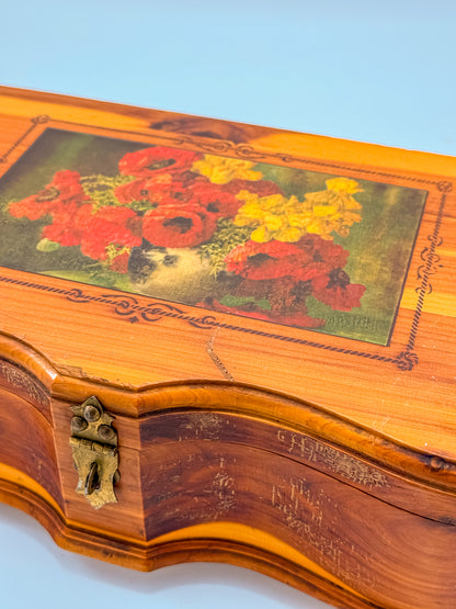 Vintage Cedar Jewelry Box with Floral Decoupage Lid, Serpentine Bombe Silhouette, Dovetail Joinery