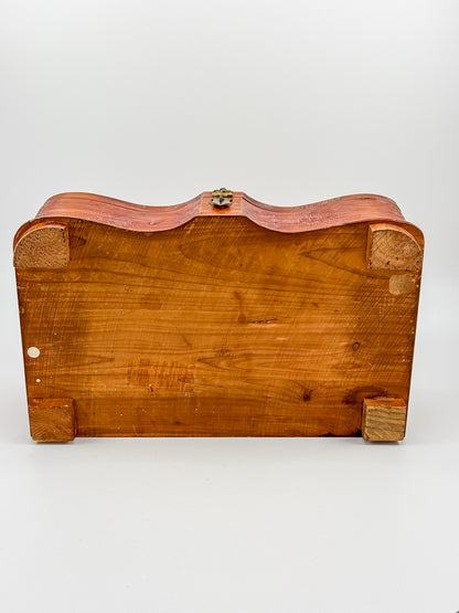 Vintage Cedar Jewelry Box with Floral Decoupage Lid, Serpentine Bombe Silhouette, Dovetail Joinery