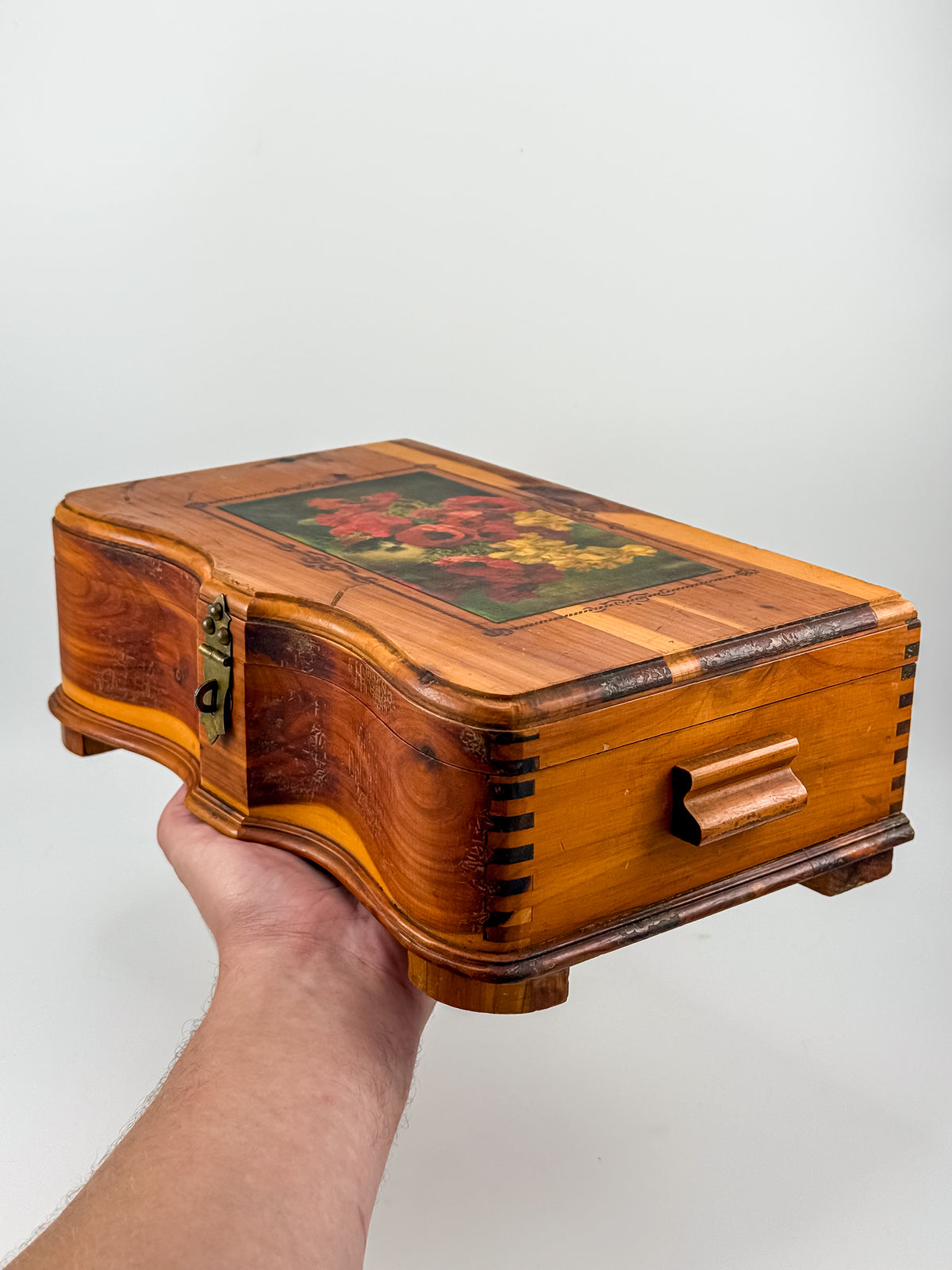 Vintage Cedar Jewelry Box with Floral Decoupage Lid, Serpentine Bombe Silhouette, Dovetail Joinery