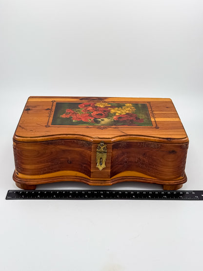 Vintage Cedar Jewelry Box with Floral Decoupage Lid, Serpentine Bombe Silhouette, Dovetail Joinery