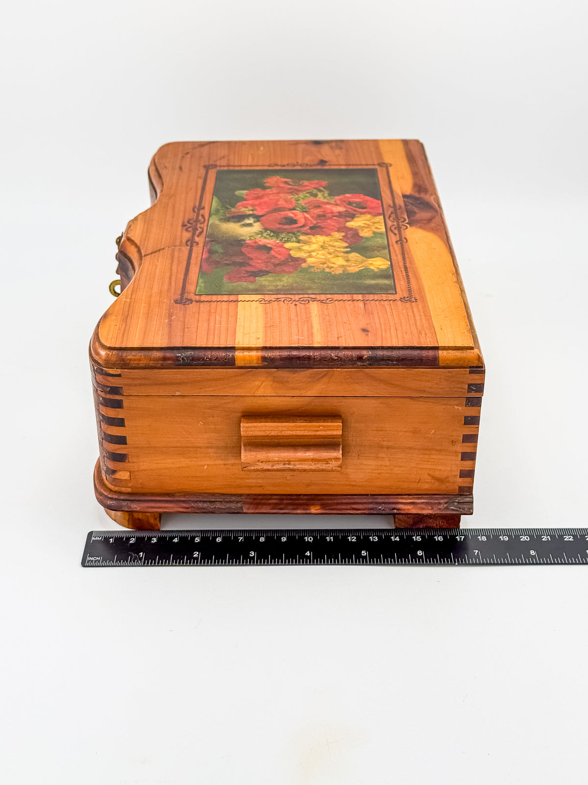 Vintage Cedar Jewelry Box with Floral Decoupage Lid, Serpentine Bombe Silhouette, Dovetail Joinery