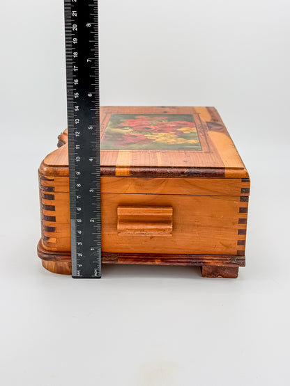Vintage Cedar Jewelry Box with Floral Decoupage Lid, Serpentine Bombe Silhouette, Dovetail Joinery