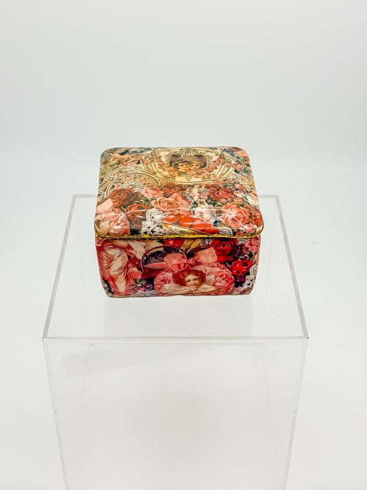 Vintage Victorian Decoupage Keepsake Box with Cherub and Rose Motif, Gold Glitter Trim, Fabric-Lined