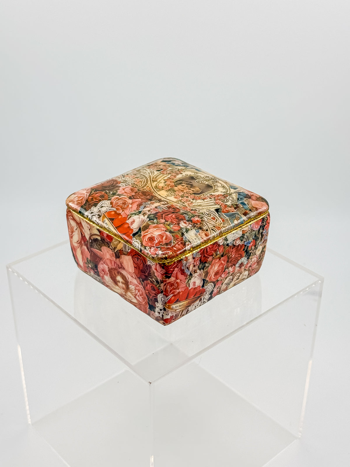 Vintage Victorian Decoupage Keepsake Box with Cherub and Rose Motif, Gold Glitter Trim, Fabric-Lined